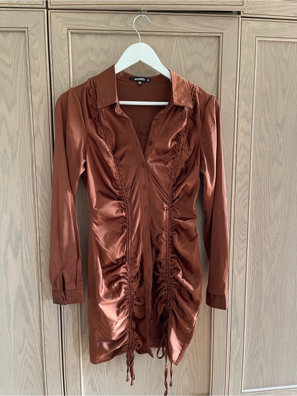 Missguided Rust Satin Ruched Long Sleeve Shirt Dress